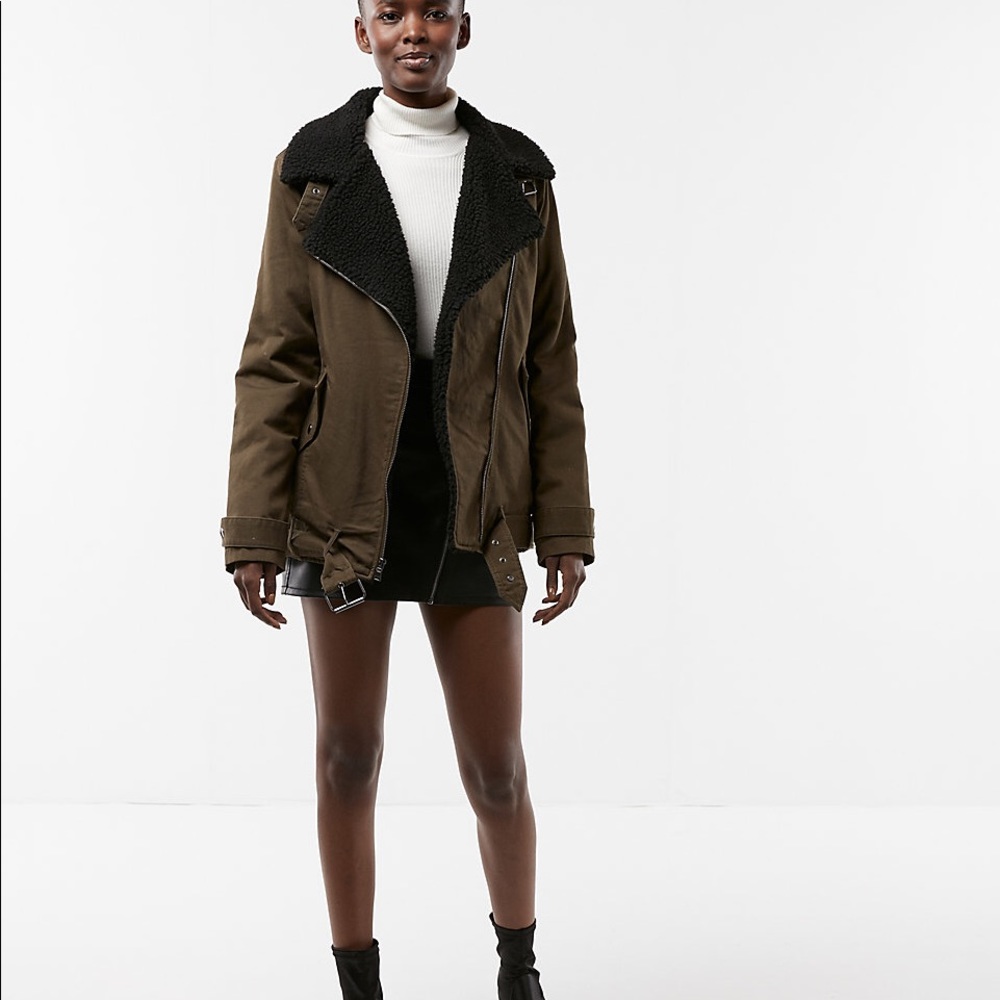 Twill Faux Fur Moto Jacket